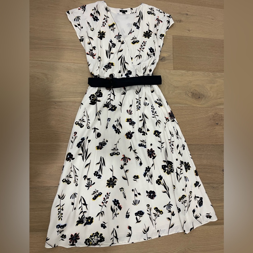 Ann Taylor White Dress with Black and Yellow Floral Print